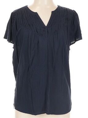 LOFT Navy Short Sleeve Pleated Yoke Top